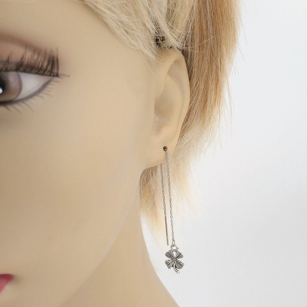 4 Leaf Clover Ear Threads Threader Earrings Pair Silver 4.5" Adjustable Length